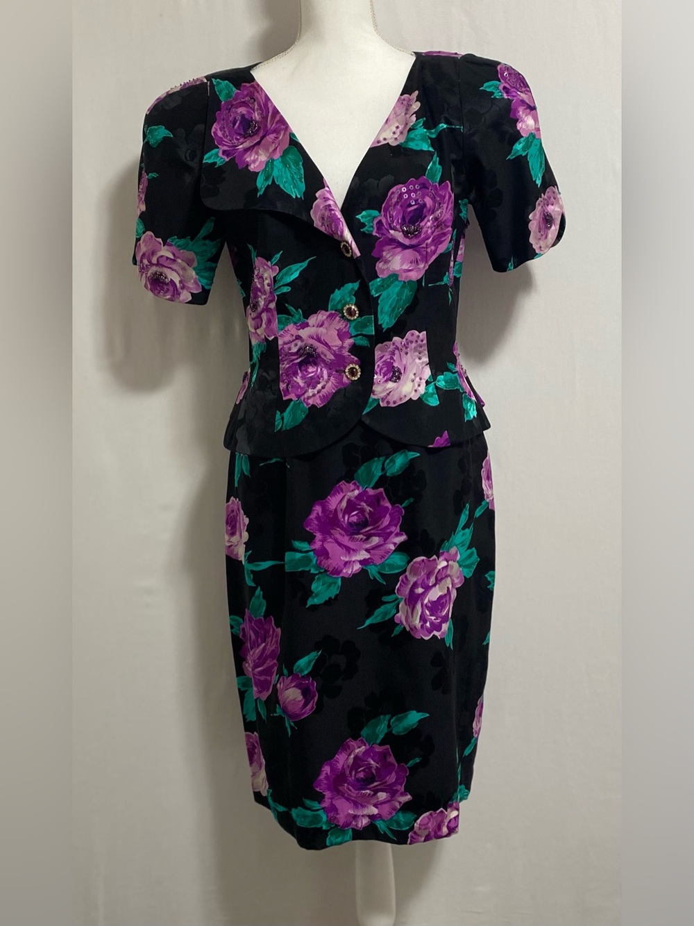 Vintage Women's Black Skirt Set with Purple Floral Print